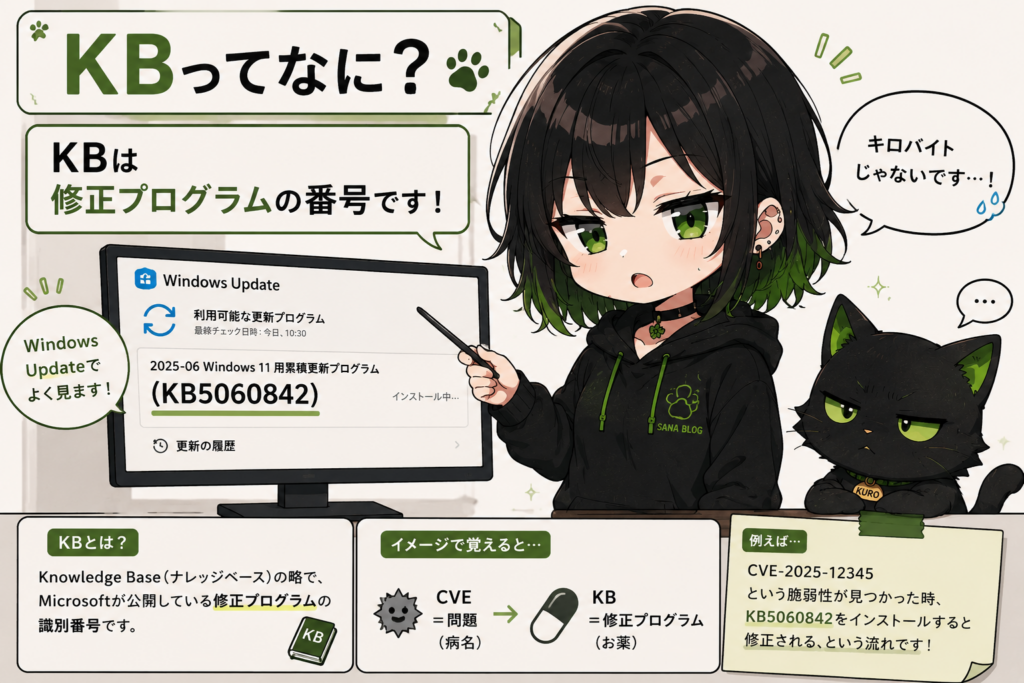 サナが「KBは修正プログラムの番号です」って説明してる画像