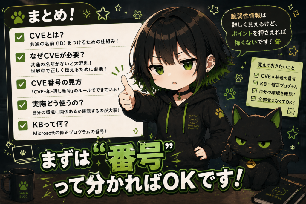 サナとクロの締め画像／「まずは"番号"って分かればOKです！」の文字
