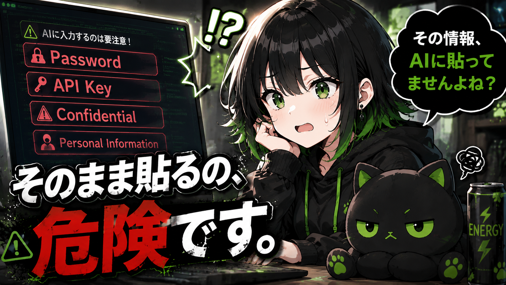 サナがPC画面を見ながら少し焦っている／モニターに「Password」「API Key」「Confidential」などの文字／クロが「むすっ」顔／「そのまま貼るの、危険です。」の文字入り