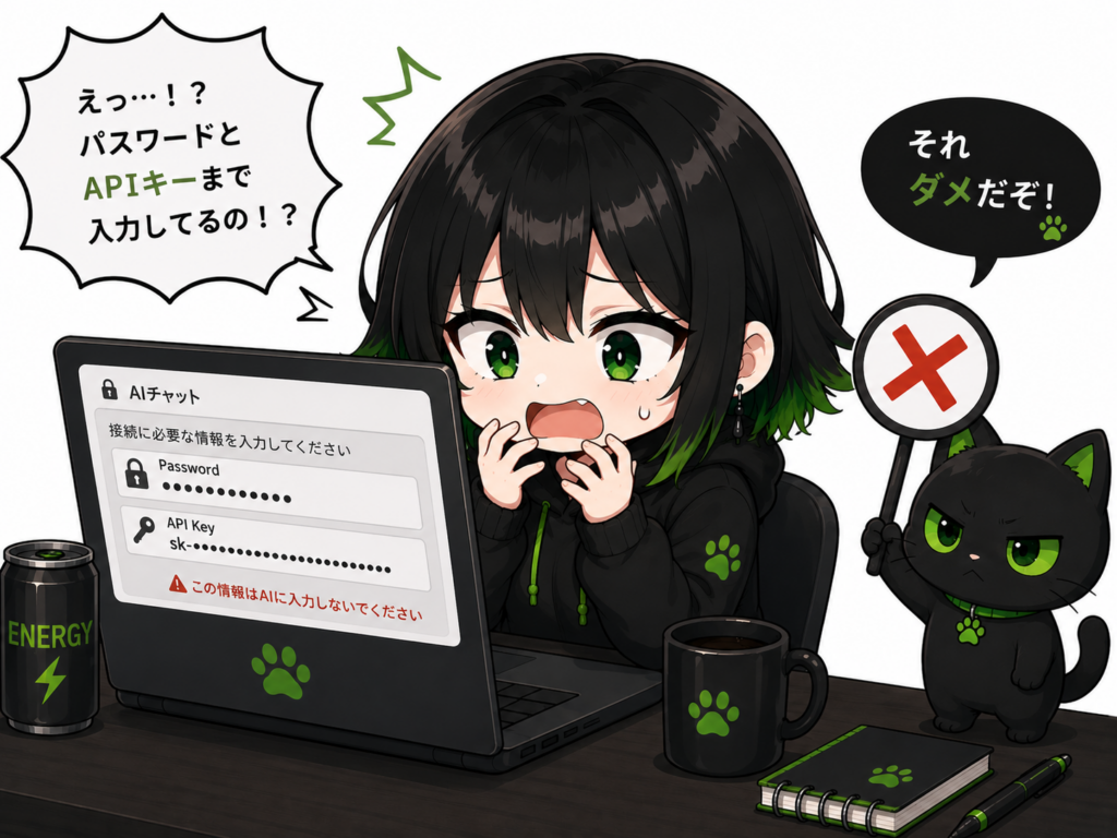 パスワード入力画面を見て焦るサナ／クロが「×」札持ってる感じ