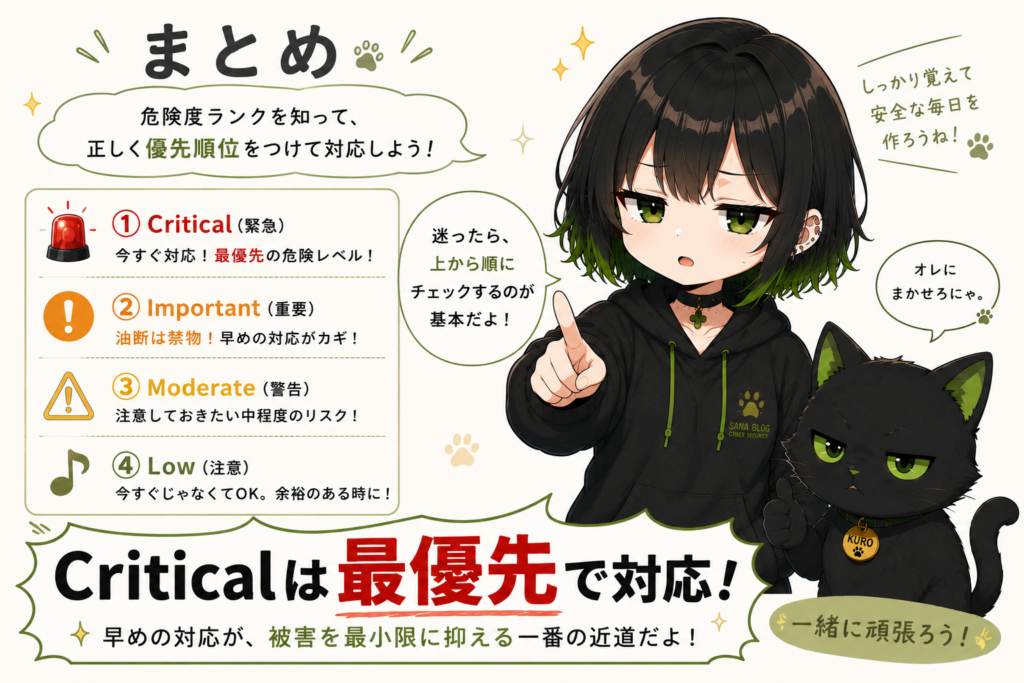 サナとクロの締め画像／「Criticalは最優先で対応！」の文字