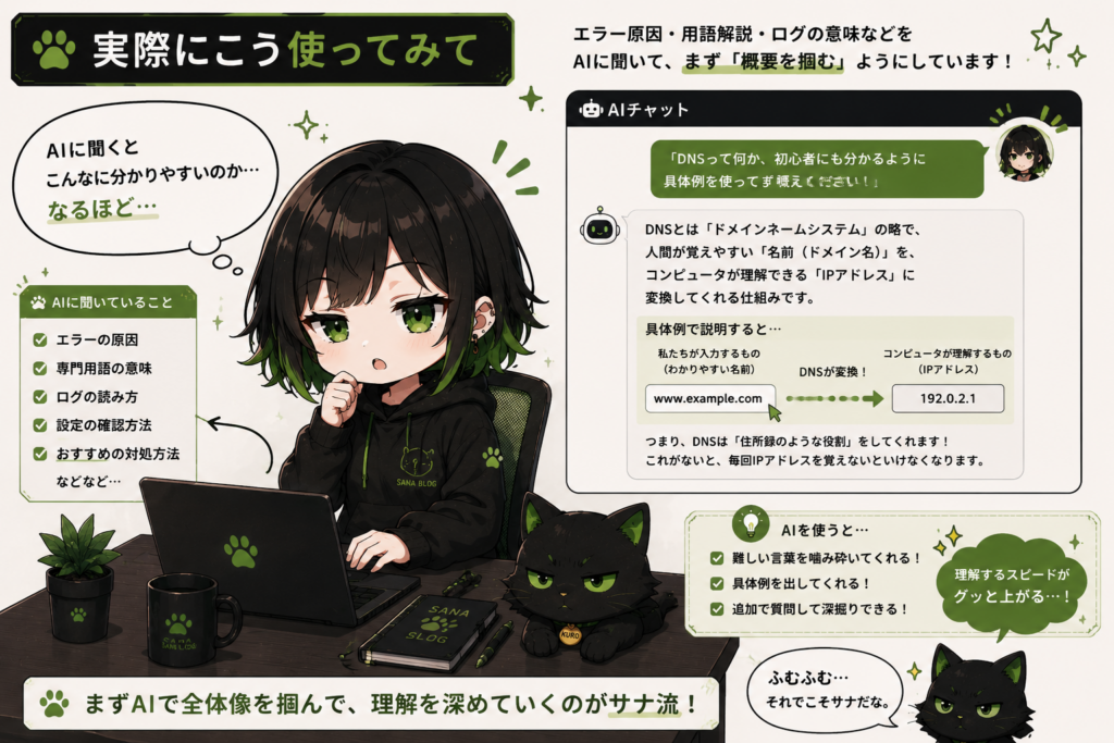 サナがAIチャットを見ながら「なるほど…」ってなってる画像