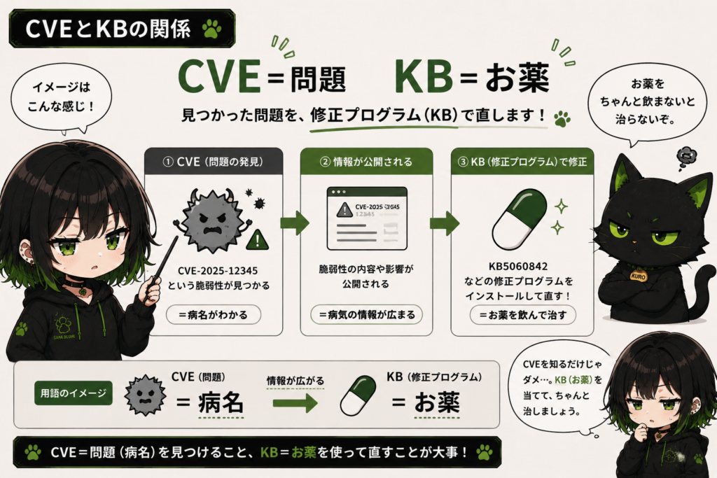 「CVE=問題」「KB=お薬」って図解してる画像