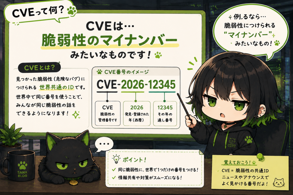 【ここに画像】→ サナが「脆弱性のマイナンバーみたいなものです」って解説してる画像