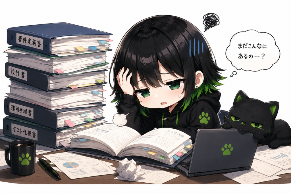 分厚い資料を前に疲れてるサナ
