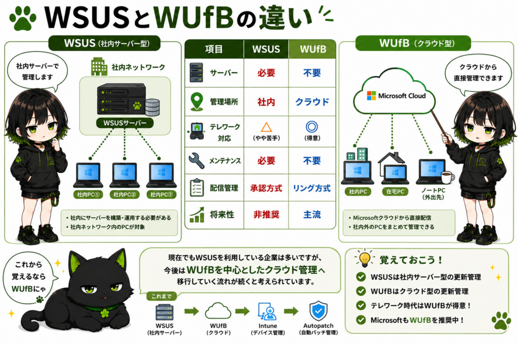 サナがWSUSとWUfBの比較表を説明している画像