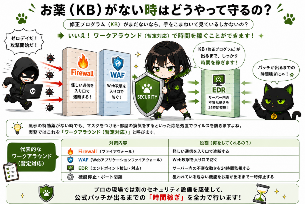 サナが盾を持っていて、背景に「Firewall」「WAF」「EDR」の文字