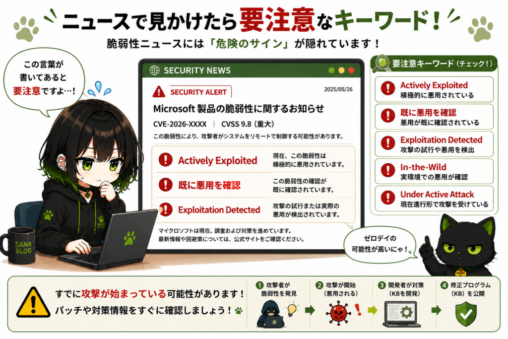 サナが脆弱性ニュースを読んでいる画像／「Actively Exploited」「既に悪用を確認」の文字