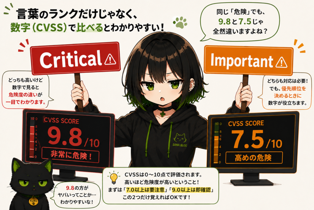 サナが「Critical」「Important」の看板と「9.8」「7.5」の数字を比較している画像