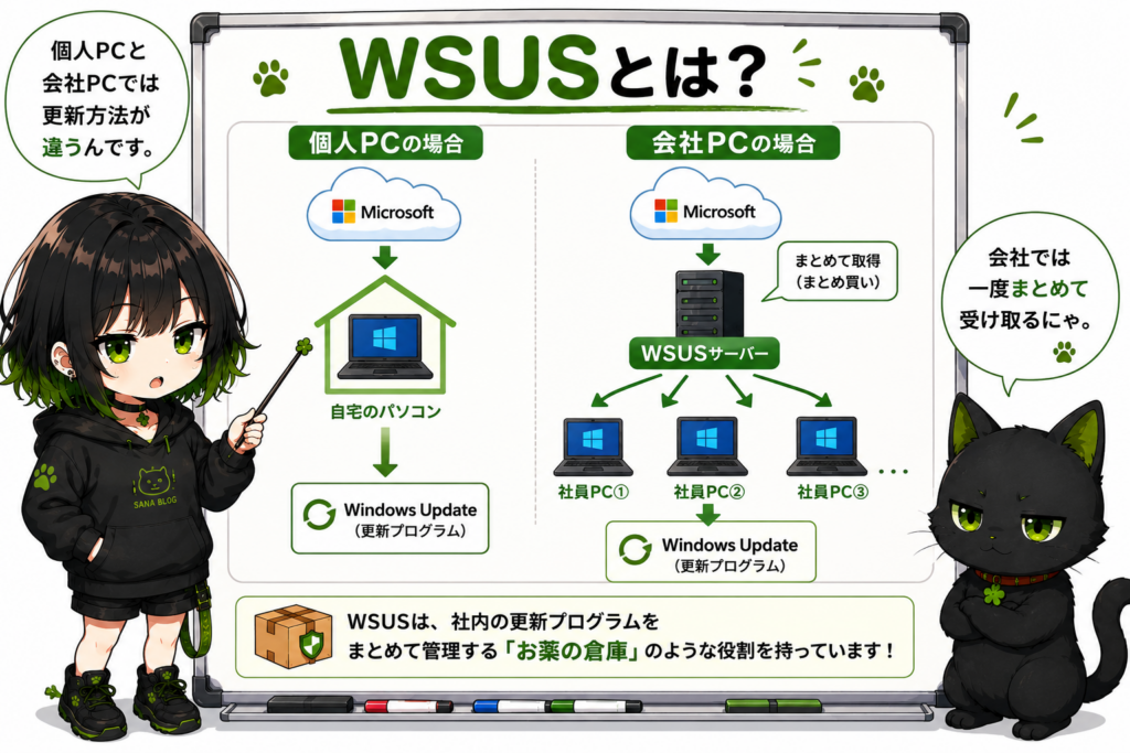 サナがホワイトボードで個人PCと会社の違いを説明している画像