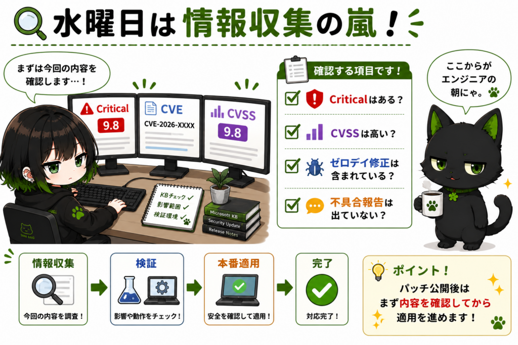 サナがモニターを3枚見ながら調査／モニターにKB・Critical・CVE・CVSSの文字／クロがコーヒーを持っている
