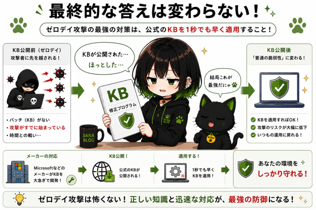 サナがKBを持って安心している画像／クロが「結局これが最強だにゃ」と言っている