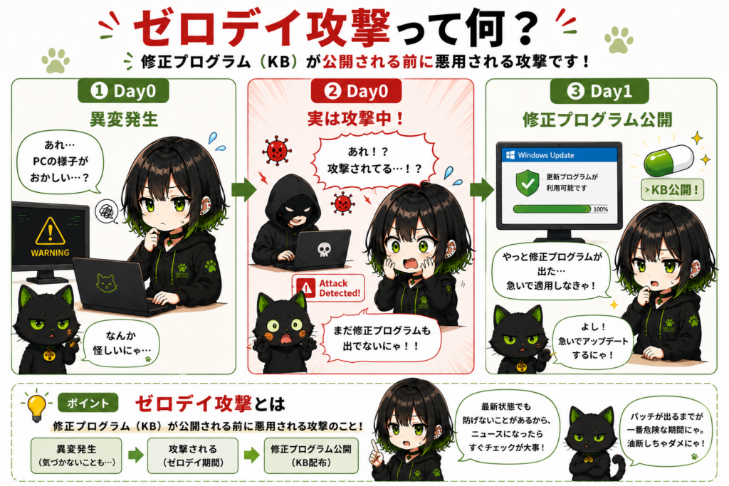 サナが「Day0 → Day1 → KB配布」の流れを説明している画像