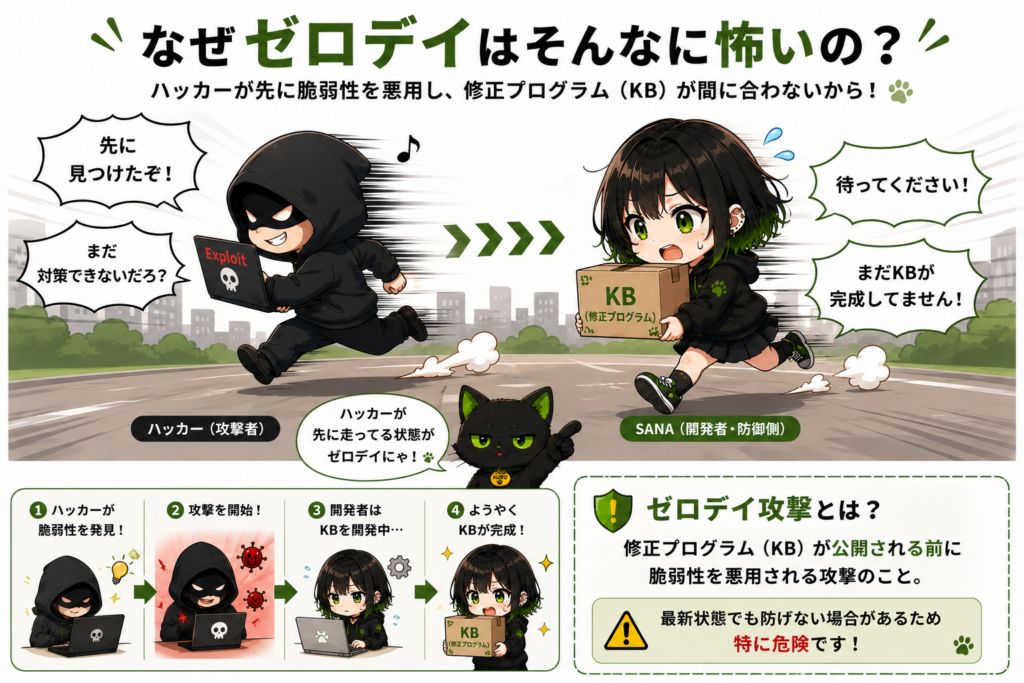 サナとハッカーの追いかけっこイメージ（ハッカーが先を走っていて、サナがKBを持って焦って追いかけている）