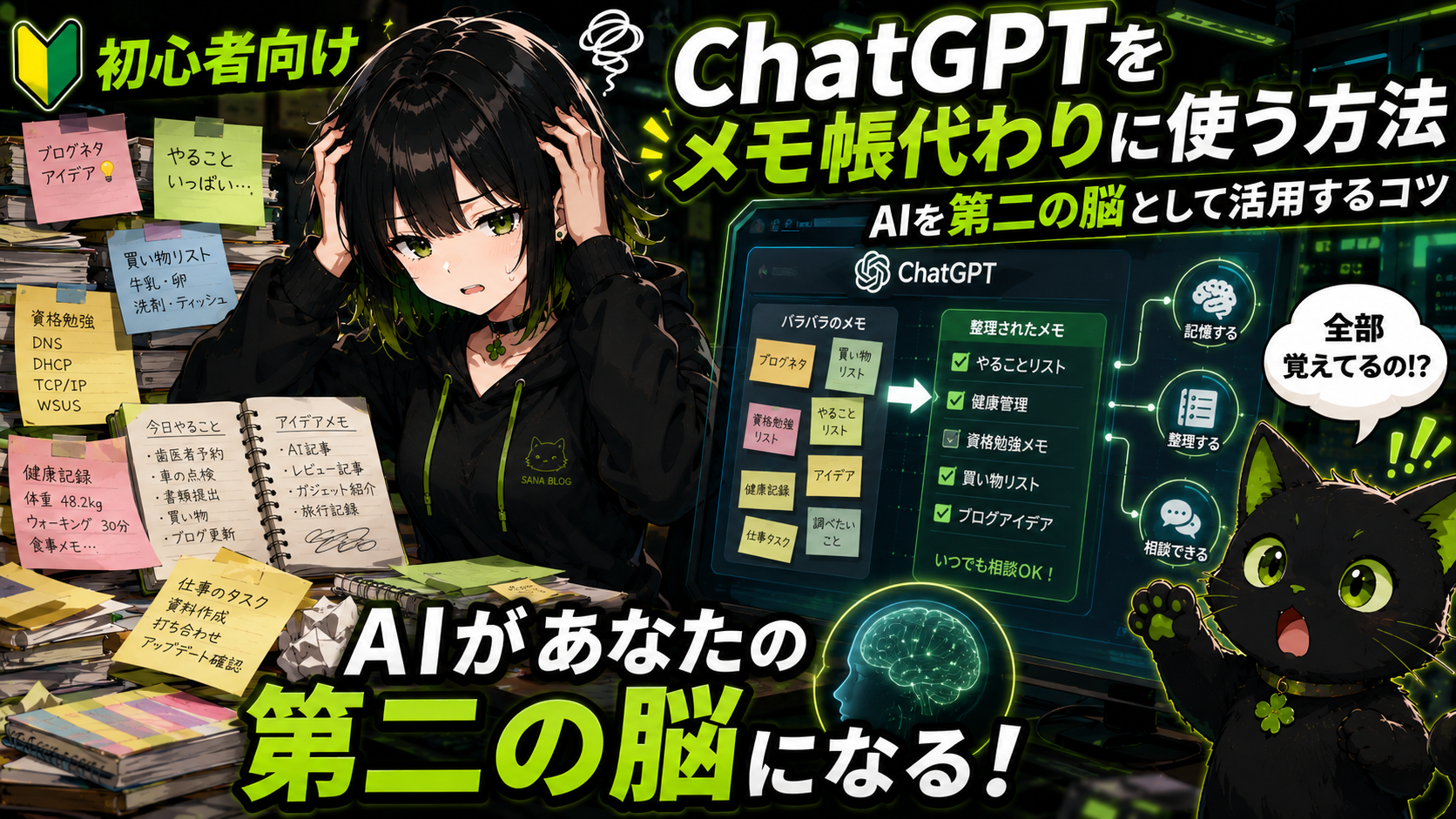【アイキャッチ画像】 → 大量の付箋やノートに囲まれて困っているサナ／ChatGPTがメモを整理している／クロが「全部覚えてるの？」と驚いている／「AIがあなたの第二の脳になる」の文字入り