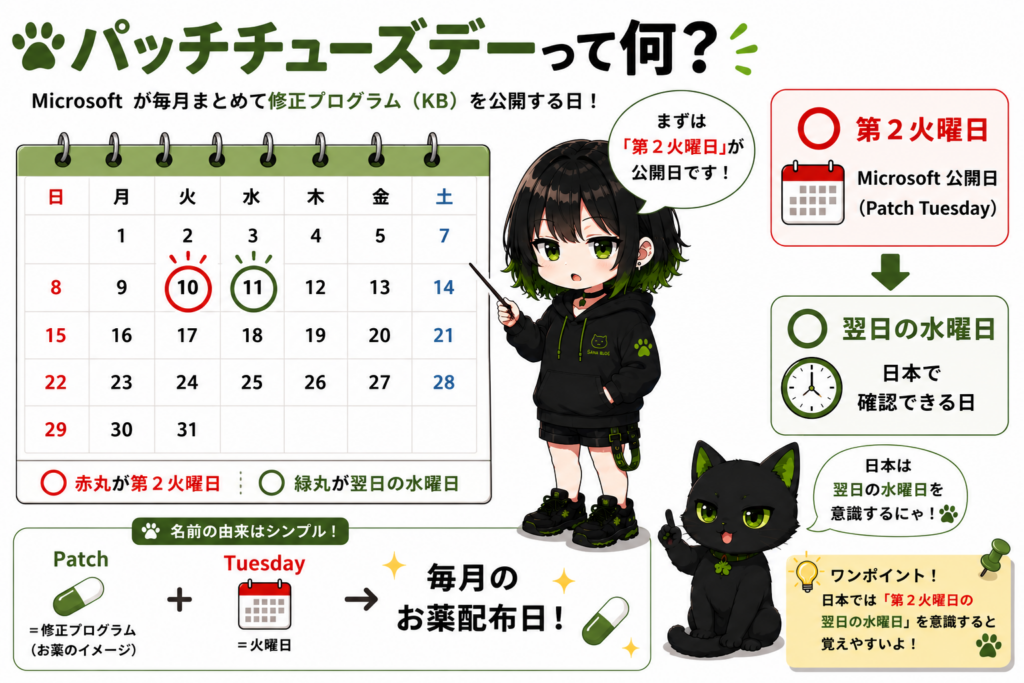サナがカレンダーを指差している／第2火曜日に赤丸／クロが「毎月のお薬の日にゃ」と説明している