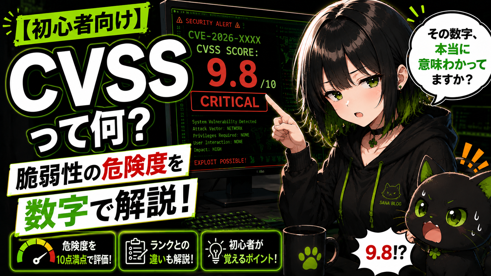 【アイキャッチ画像】 → サナがモニターを指差しながら「CVSS 9.8」の文字を見せている／モニターには警告ログ風の画面／クロが「9.8!?」と驚いている／「その数字、本当に意味わかってますか？」の文字入り