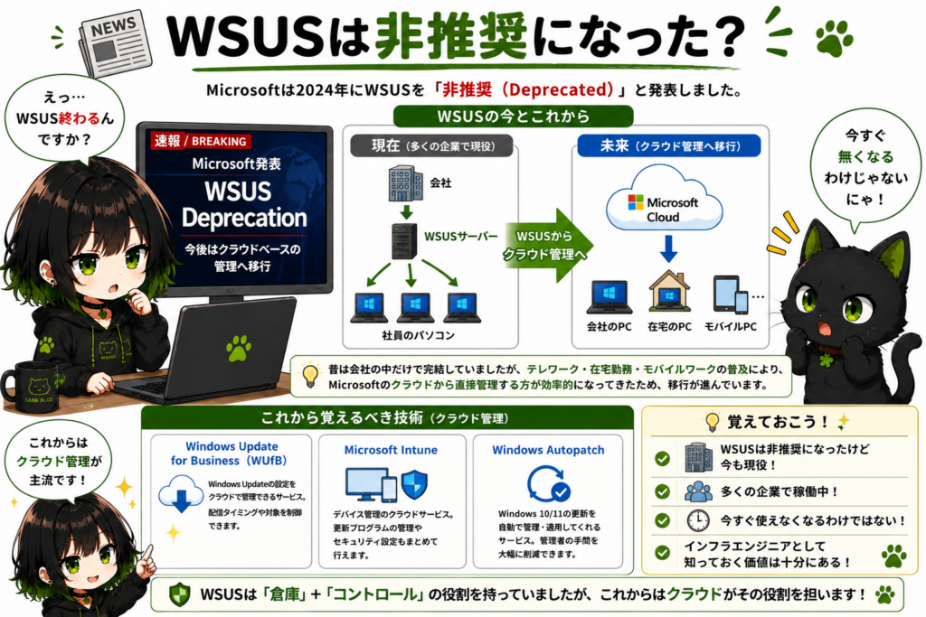 サナがニュースを見ている／「WSUS Deprecation」の文字／クロが驚いている