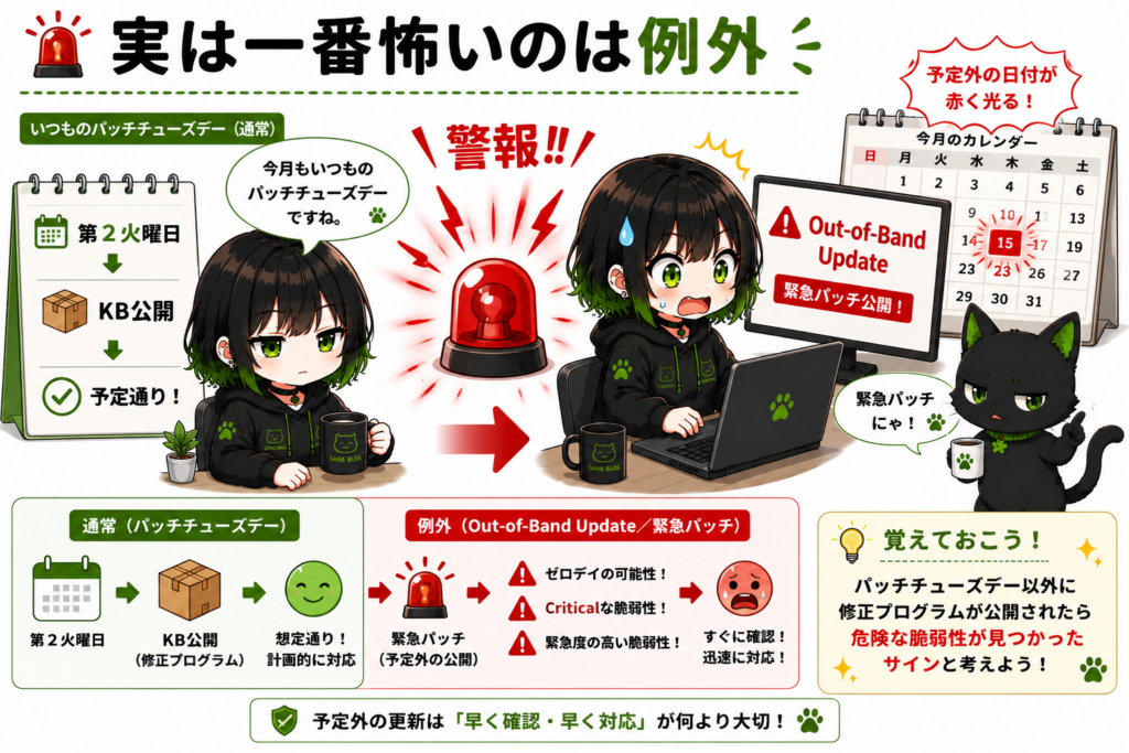 サナが突然鳴った警報ベルに驚いている／カレンダーの予定外の日付が赤く光る／クロが「緊急パッチにゃ！」