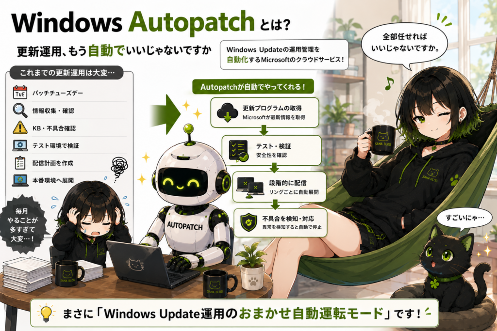 サナがハンモックで休みながら、Autopatchロボットが仕事している画像