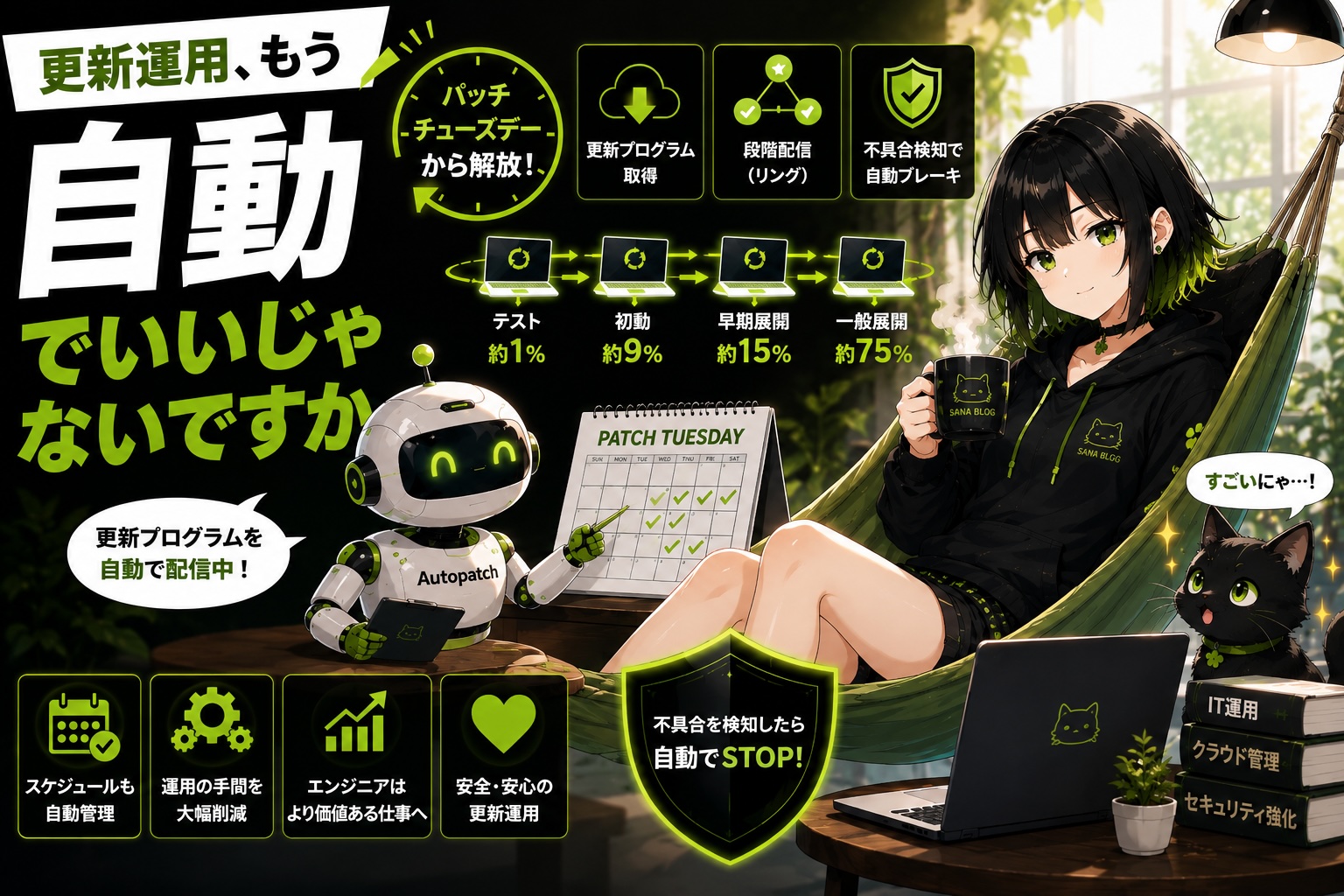【アイキャッチ画像】 → サナがハンモックでのんびりお茶を飲んでいる／ロボット（Autopatch）がカレンダーを見ながらPCへ更新プログラムを配信／盾で不具合を防いでいる／クロが感心している／「更新運用、もう自動でいいじゃないですか」の文字入り