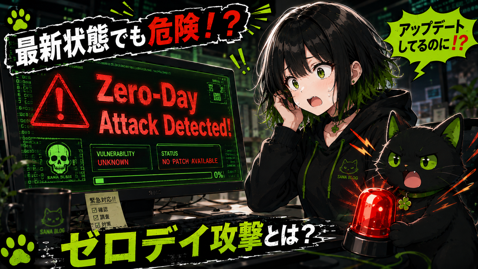 サナが焦りながらモニターを見ている／モニターに「Zero-Day Attack Detected!」／クロが警報ベルを鳴らしている／「最新状態でも危険！？」の文字入り