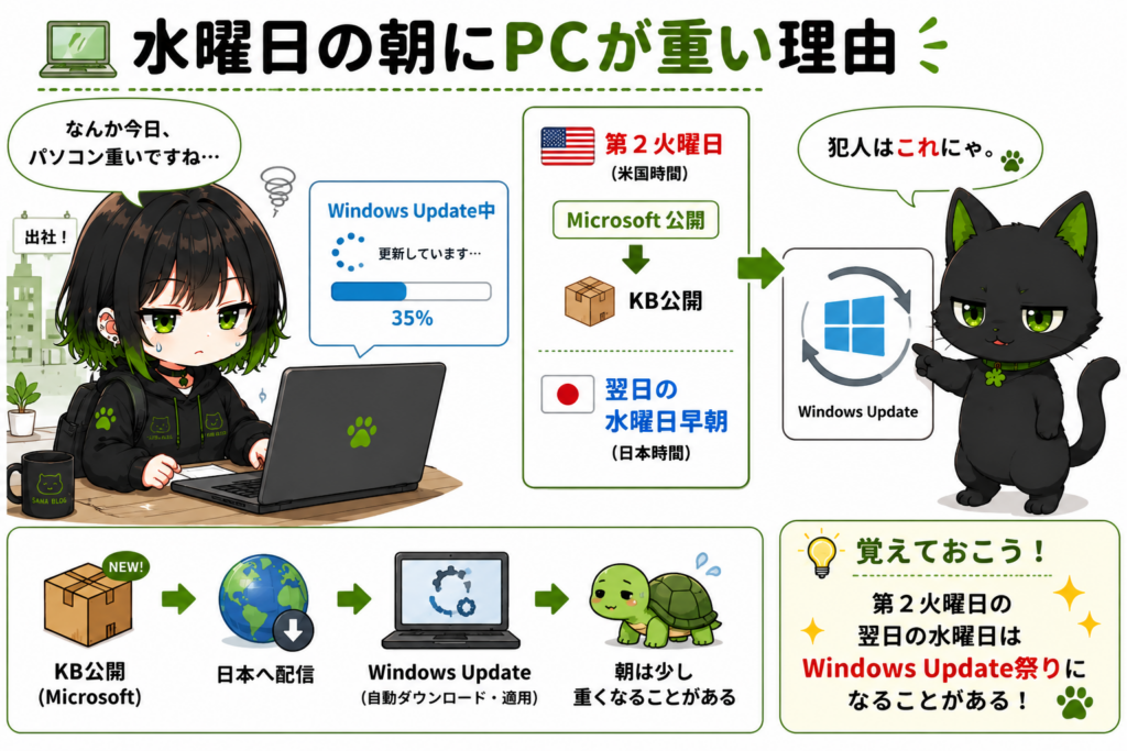 サナが出社してPCを開く／Windows Update中／クロが「犯人はこれにゃ」と説明