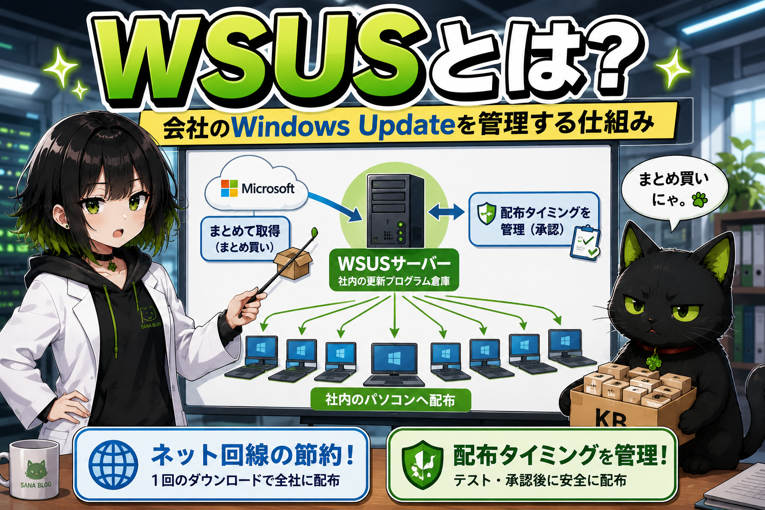 サナがWSUSサーバーの前で腕組みしている／モニターに「WSUS」の文字／クロが「お薬の倉庫にゃ」と説明している／「会社のWindows Update、誰が管理してるか知ってますか？」の文字入り