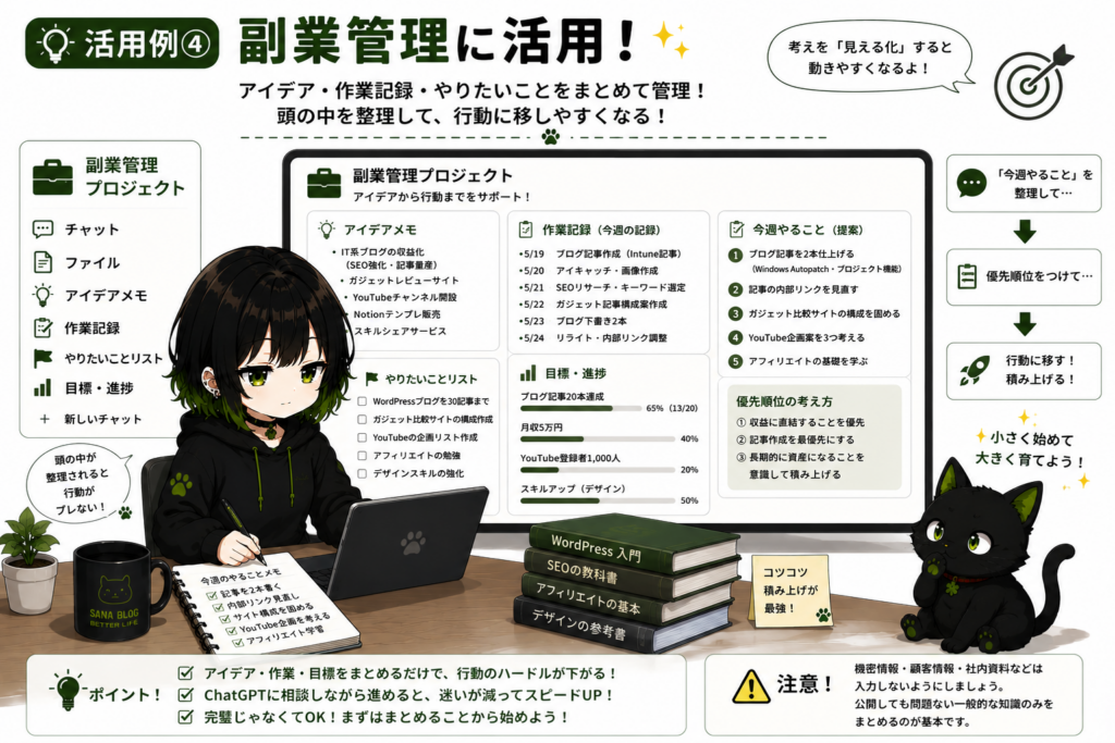 副業管理プロジェクトを使っているサナ
