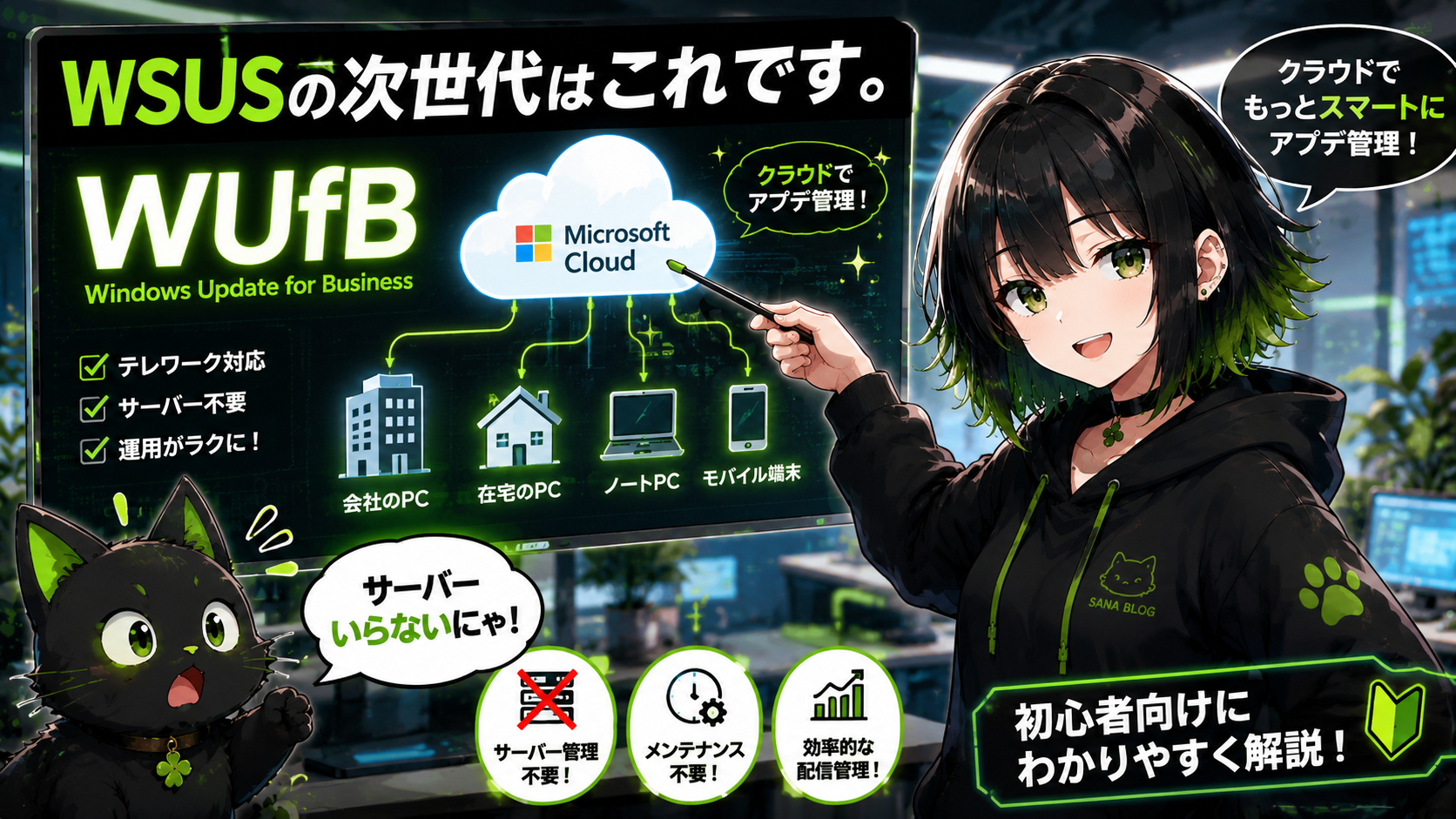 【アイキャッチ画像】 → サナがクラウドとPCを繋ぐ図を説明している／モニターに「WUfB」の文字／クロが「サーバーいらないにゃ！」と驚いている／「WSUSの次世代はこれです。」の文字入り