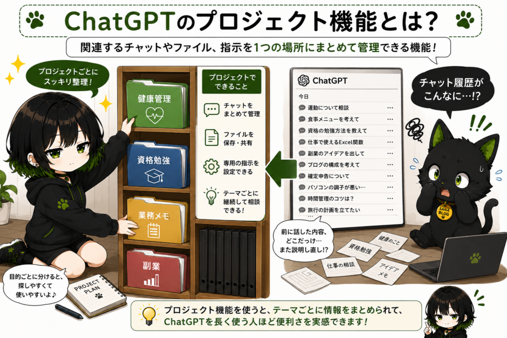 サナが大量のチャットをフォルダに整理している画像／「健康管理」「資格勉強」「業務メモ」「副業」などのラベル付き／クロが散らかったチャット履歴を見て驚いている