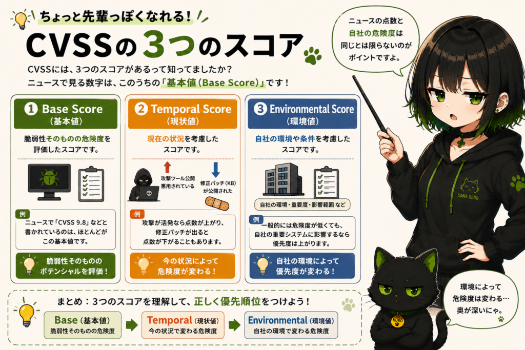 サナが「Base」「Temporal」「Environmental」の3つの箱を説明している画像