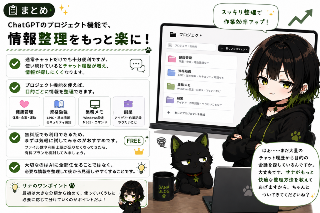 サナとクロの締め画像／整理されたプロジェクト画面を見ながらサナが少し得意げにしている