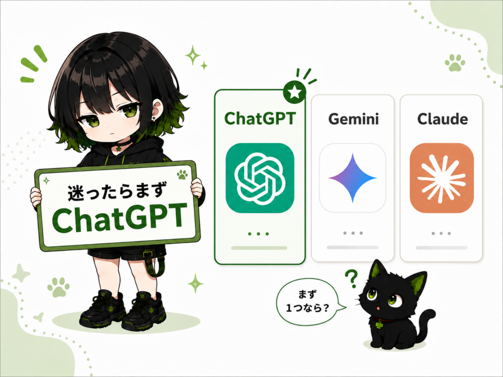 ミニサナが「迷ったらまずChatGPT」と書いたボードを持っている／横にGeminiとClaudeのカードも並んでいる／クロが「まず1つなら？」という顔をしている