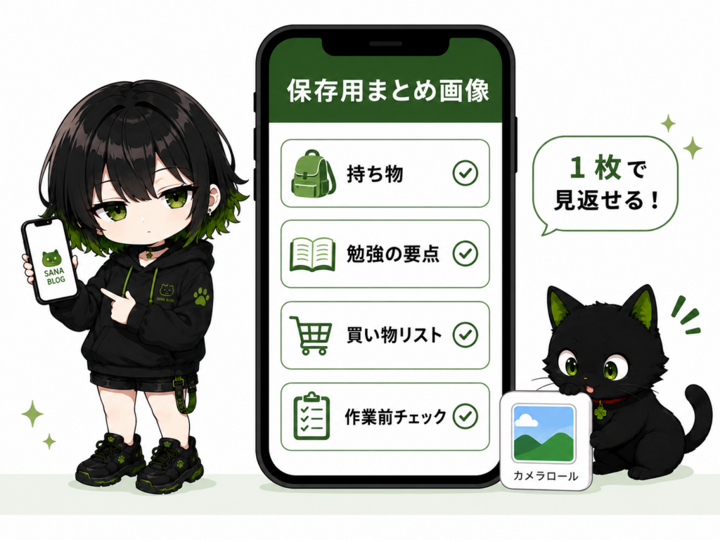 ミニサナが「保存用まとめ画像」と書いたスマホ画面を見せている／スマホ画面には短いチェックリストと要点カード／クロがカメラロールのアイコンを見ている