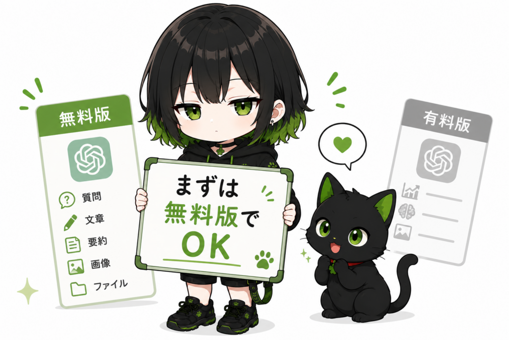 サナが「まずは無料版でOK」と書いたボードを持っている/クロが無料版カードを見て安心している