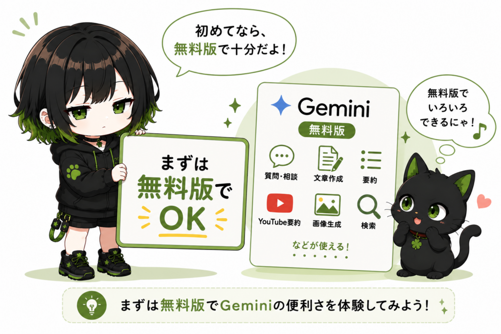 ミニサナが「まずは無料版でOK」と書いたボードを持っている/クロがGeminiの無料版カードを見て安心している