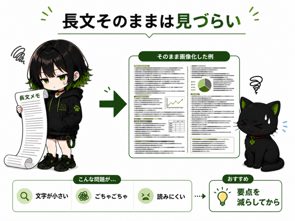 サナが「長文メモ」をそのまま画像化しようとして困っている／クロが文字だらけの画像を見て目を細めている