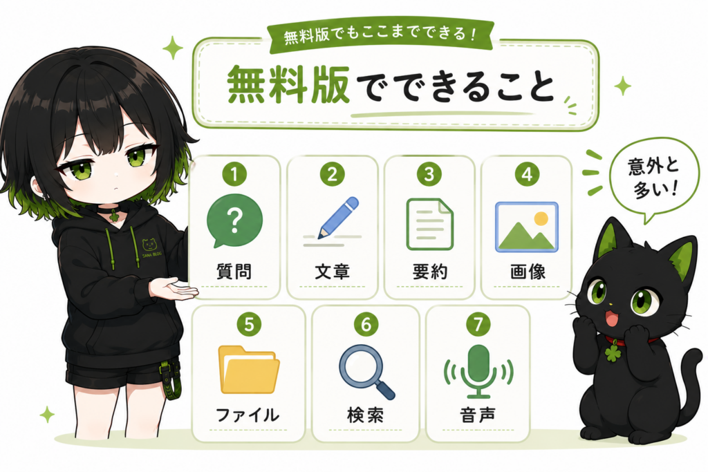 サナが無料版でできることをカードで並べている/「質問」「文章」「要約」「画像」「ファイル」「検索」「音声」のアイコン/クロが「意外と多い!」という顔をしている