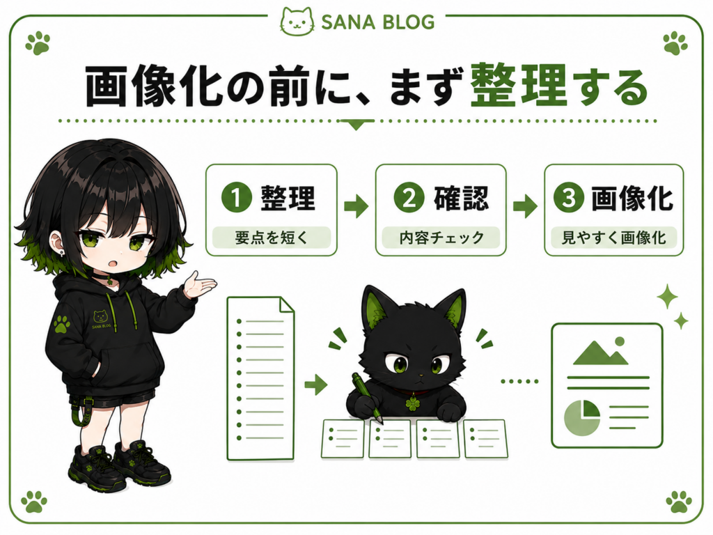 ミニサナが「①整理 → ②確認 → ③画像化」の流れを説明している／クロが長いメモを短いカードに分けている