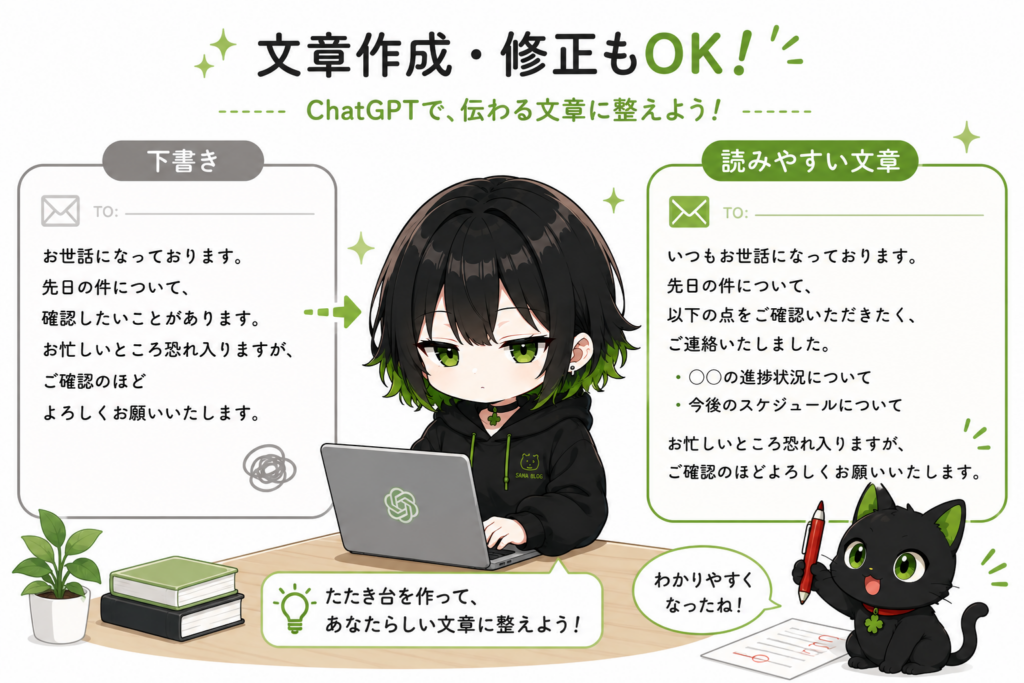 ミニサナがメール文を整えている/左に「下書き」、右に「読みやすい文章」/クロが赤ペンを持っている