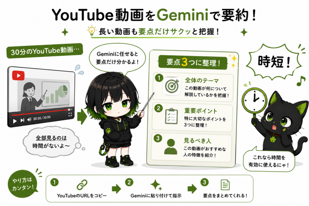 ミニサナが30分のYouTube動画を「要点3つ」に整理している/クロが時計を見ながら「時短!」という表情をしている