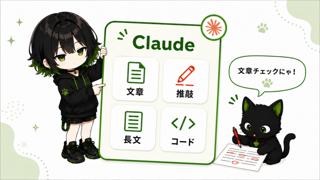 サナがClaudeのカードを持っている／文章・推敲・長文・コードのアイコン／クロが赤ペンで文章チェックしている