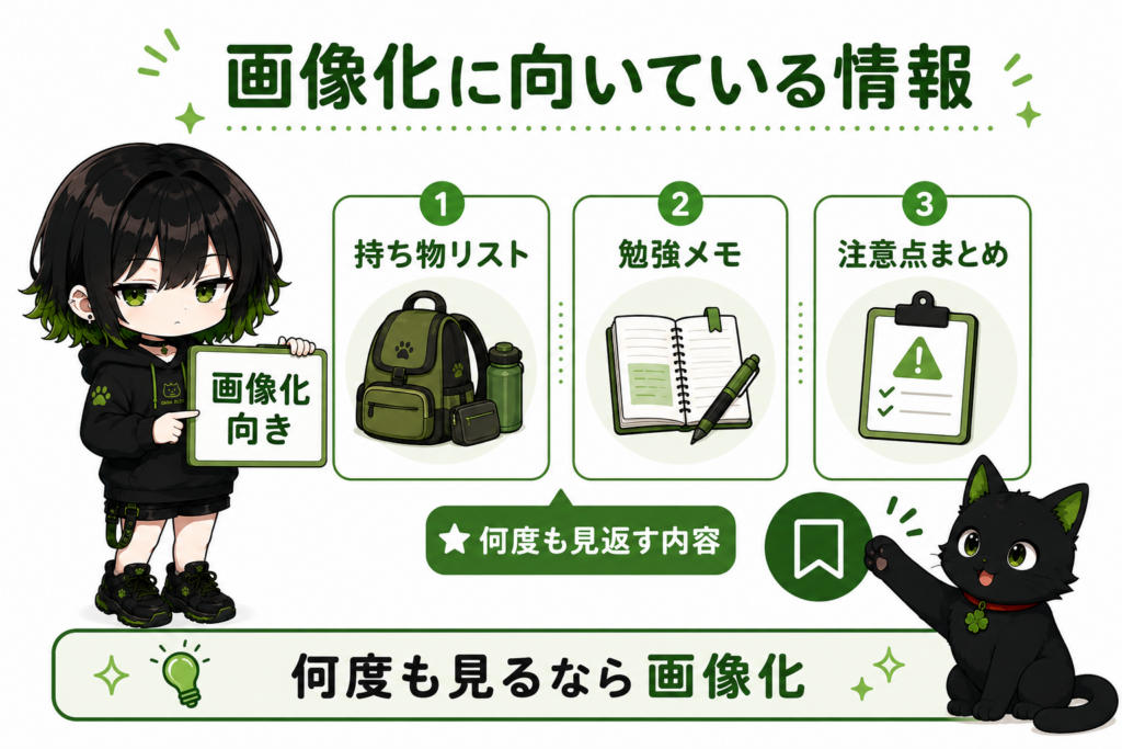 サナが「画像化向き」と書いたボードを持っている／持ち物リスト・勉強メモ・注意点まとめのカード／クロが保存マークを押している