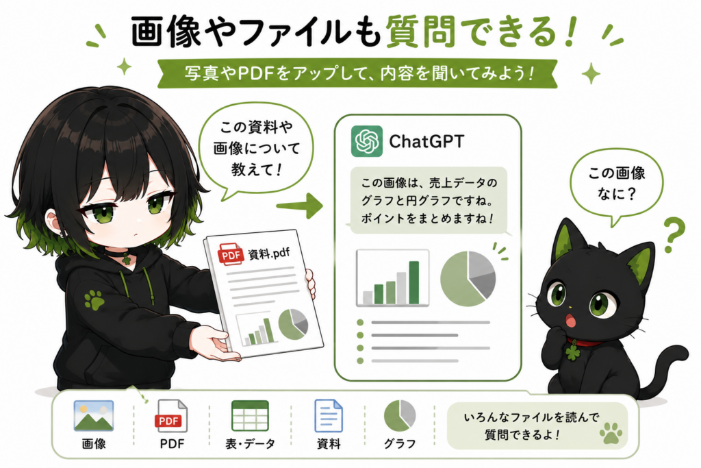 サナが画像やPDF風のファイルをChatGPTに渡している/クロが「この画像なに?」という顔をしている