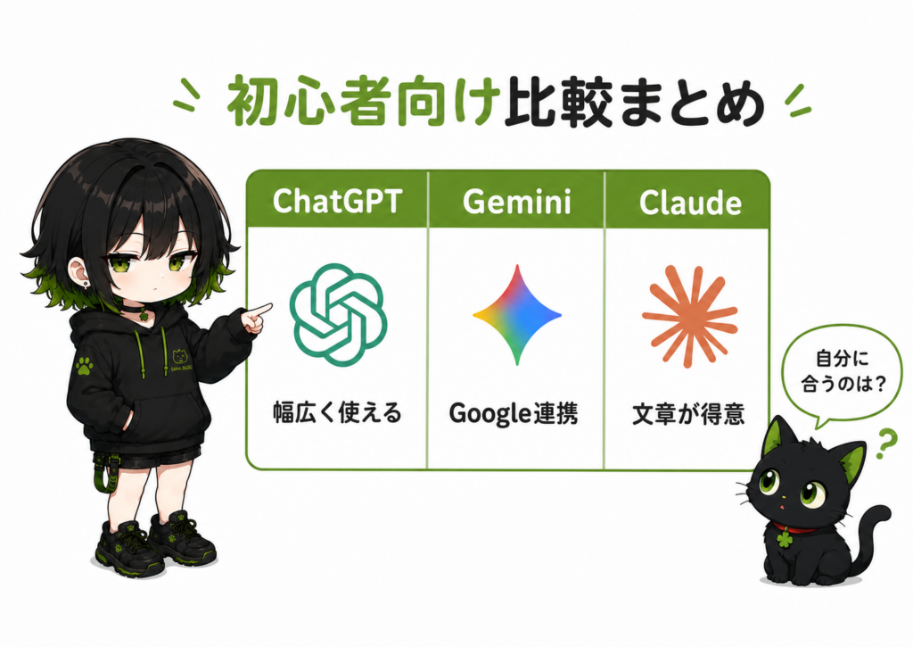 ミニサナが3列の比較表を指差している／クロが「自分に合うのは？」という顔をしている