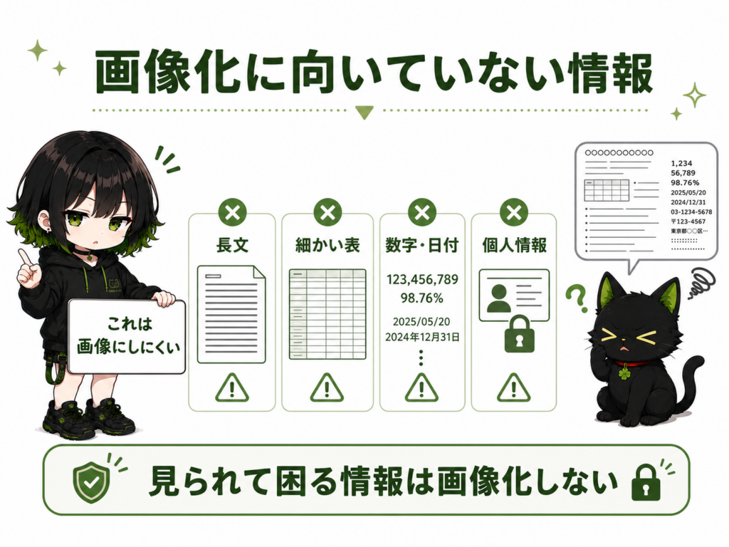 ミニサナが「これは画像にしにくい」と注意している／長文・細かい表・個人情報のアイコン／クロが文字だらけの画像を見て困っている