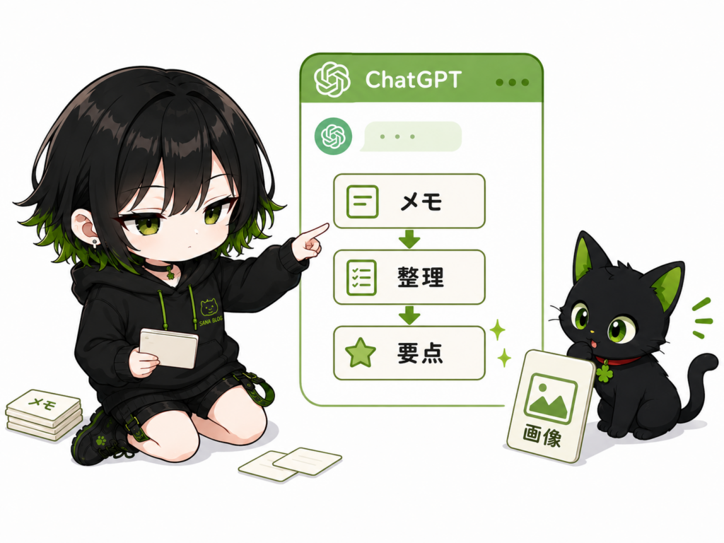 サナがChatGPTの画面を見ながらメモを整理している／クロが画像生成カードを見ている