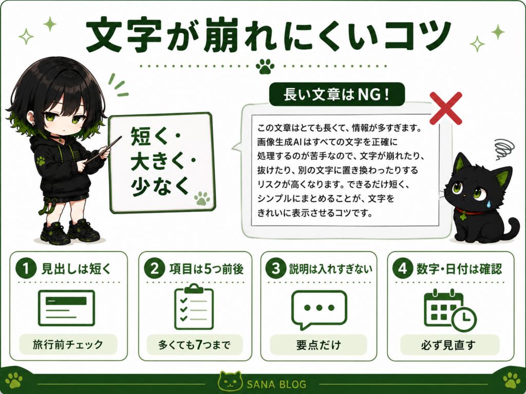 サナが「短く・大きく・少なく」と書いたボードを持っている／クロが長すぎる文章をバツ印している