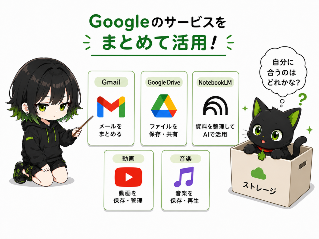 サナがGoogle系アプリのカードを並べている／Gmail・Drive・NotebookLM・動画・音楽のアイコン／クロがストレージの箱に入っている
